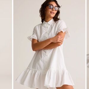 Quince 100% Organic Cotton Poplin Short Sleeve Ruffle Shirt Dress Sz L White NEW